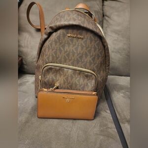 Michael Kors Brown Monogram Backpack and Wallet